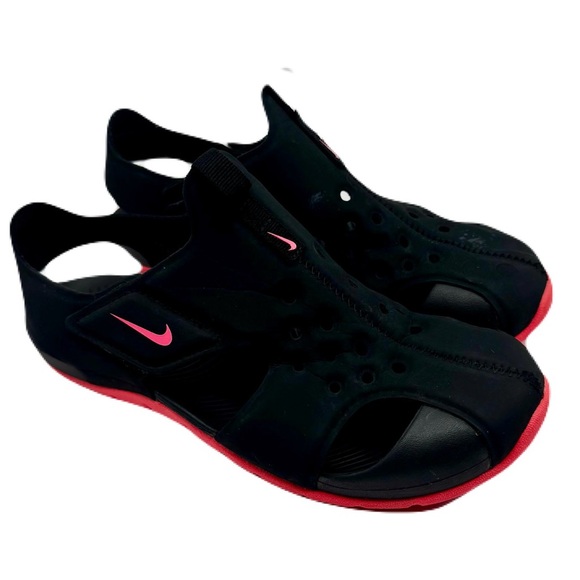 Nike Other - NIKE Sunray Protect Kids Black Sandals w Hot Pink Bottoms & Swoosh Logo 3Y